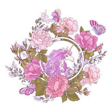 Tek boynuzlu at, bir buket gül ve beyaz backgro kelebekler