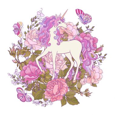 Tek boynuzlu at, bir buket gül ve beyaz backgro kelebekler