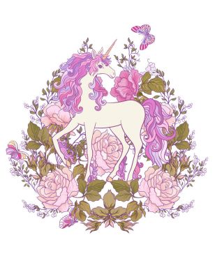 Tek boynuzlu at, bir buket gül ve beyaz backgro kelebekler