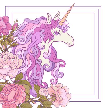 Tek boynuzlu at, bir buket gül ve beyaz backgro kelebekler