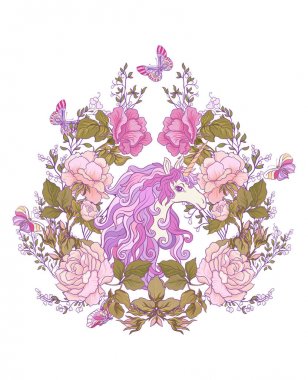 Tek boynuzlu at, bir buket gül ve beyaz backgro kelebekler