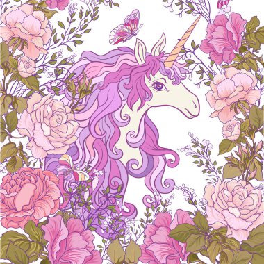 Tek boynuzlu at, bir buket gül ve beyaz backgro kelebekler