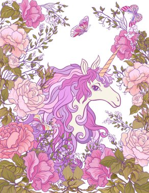 Tek boynuzlu at, bir buket gül ve beyaz backgro kelebekler