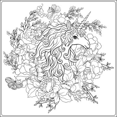 Tek boynuzlu at. Kompozisyon b tarafından çevrili bir tek boynuzlu at oluşur