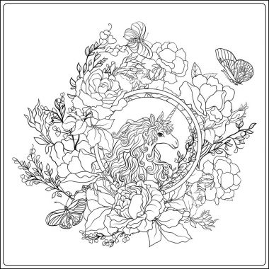 Tek boynuzlu at. Kompozisyon b tarafından çevrili bir tek boynuzlu at oluşur