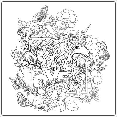 Tek boynuzlu at. Kompozisyon b tarafından çevrili bir tek boynuzlu at oluşur