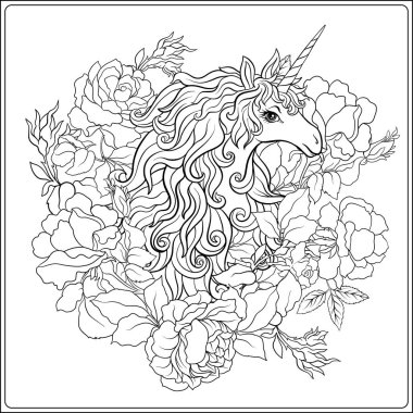 Tek boynuzlu at. Kompozisyon b tarafından çevrili bir tek boynuzlu at oluşur