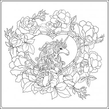 Tek boynuzlu at. Kompozisyon b tarafından çevrili bir tek boynuzlu at oluşur