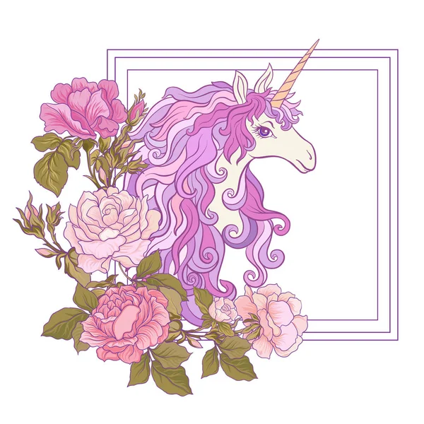 The unicorn, a bouquet of roses and butterflies on white backgro — 스톡 벡터
