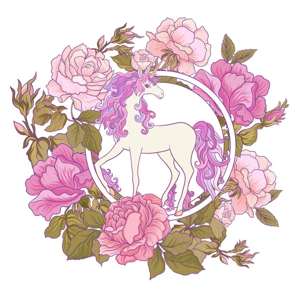 Tek boynuzlu at, bir buket gül ve beyaz backgro kelebekler