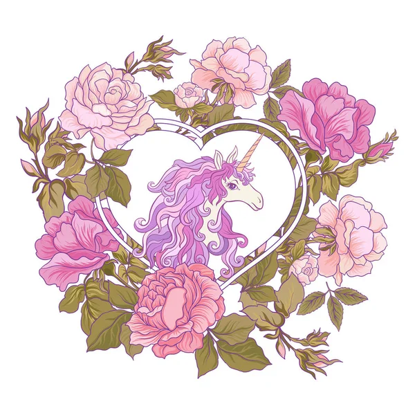 El unicornio, un ramo de rosas y mariposas sobre fondo blanco — Archivo Imágenes Vectoriales