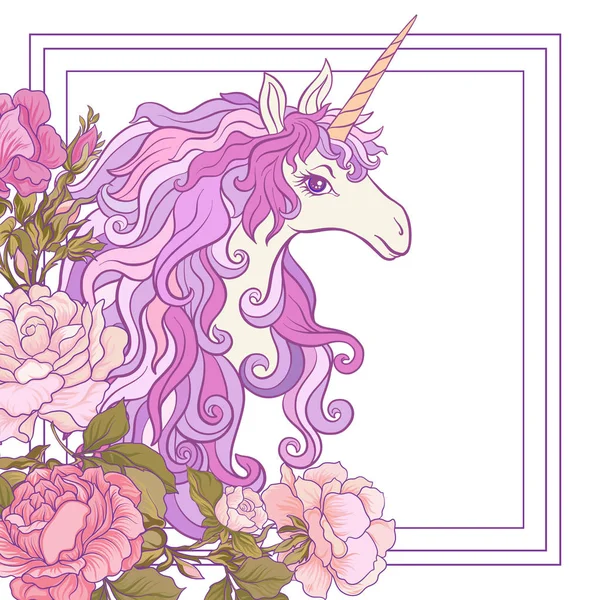 The unicorn, a bouquet of roses and butterflies on white backgro — Stock Vector