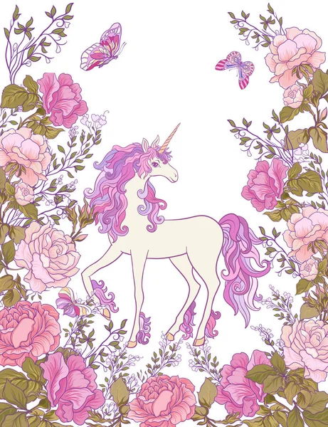 El unicornio, un ramo de rosas y mariposas sobre fondo blanco — Vector de stock