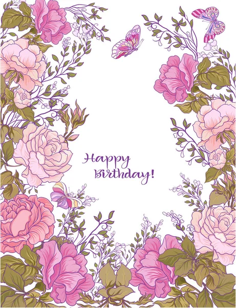 Rose and butterflies flower background. Good for greeting card f — Stock Vector