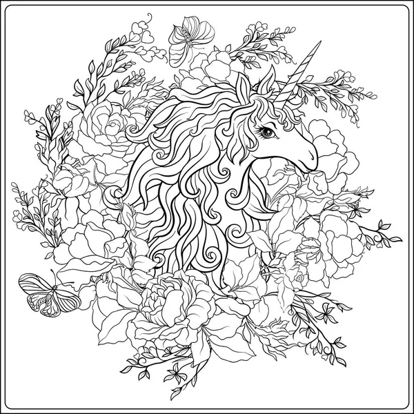 Tek boynuzlu at. Kompozisyon b tarafından çevrili bir tek boynuzlu at oluşur