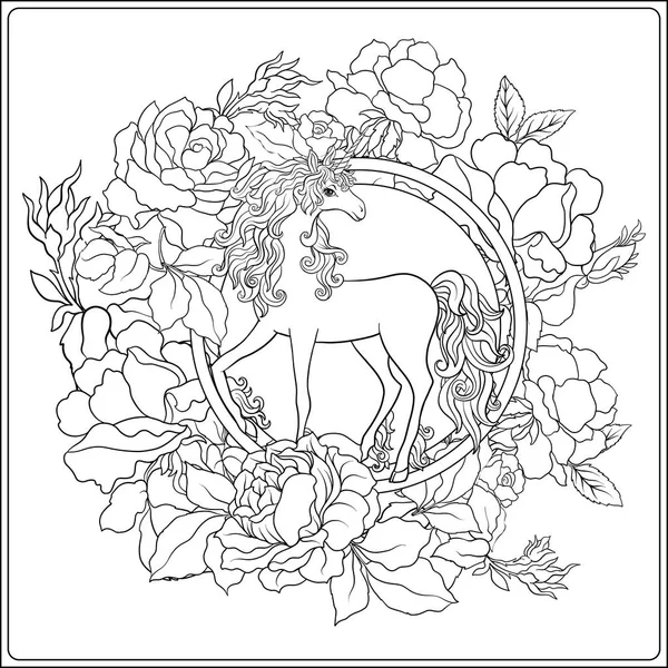 Tek boynuzlu at. Kompozisyon b tarafından çevrili bir tek boynuzlu at oluşur