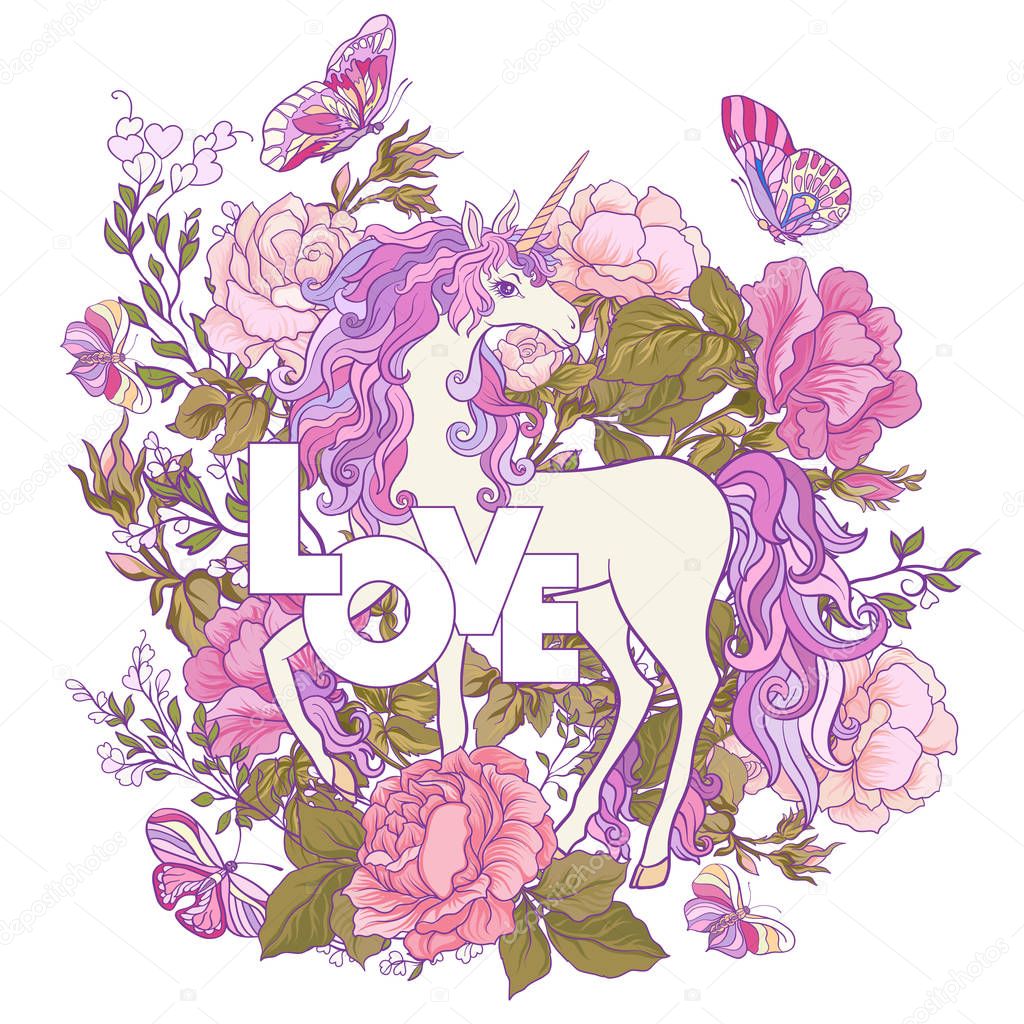 The unicorn, a bouquet of roses and butterflies on white backgro