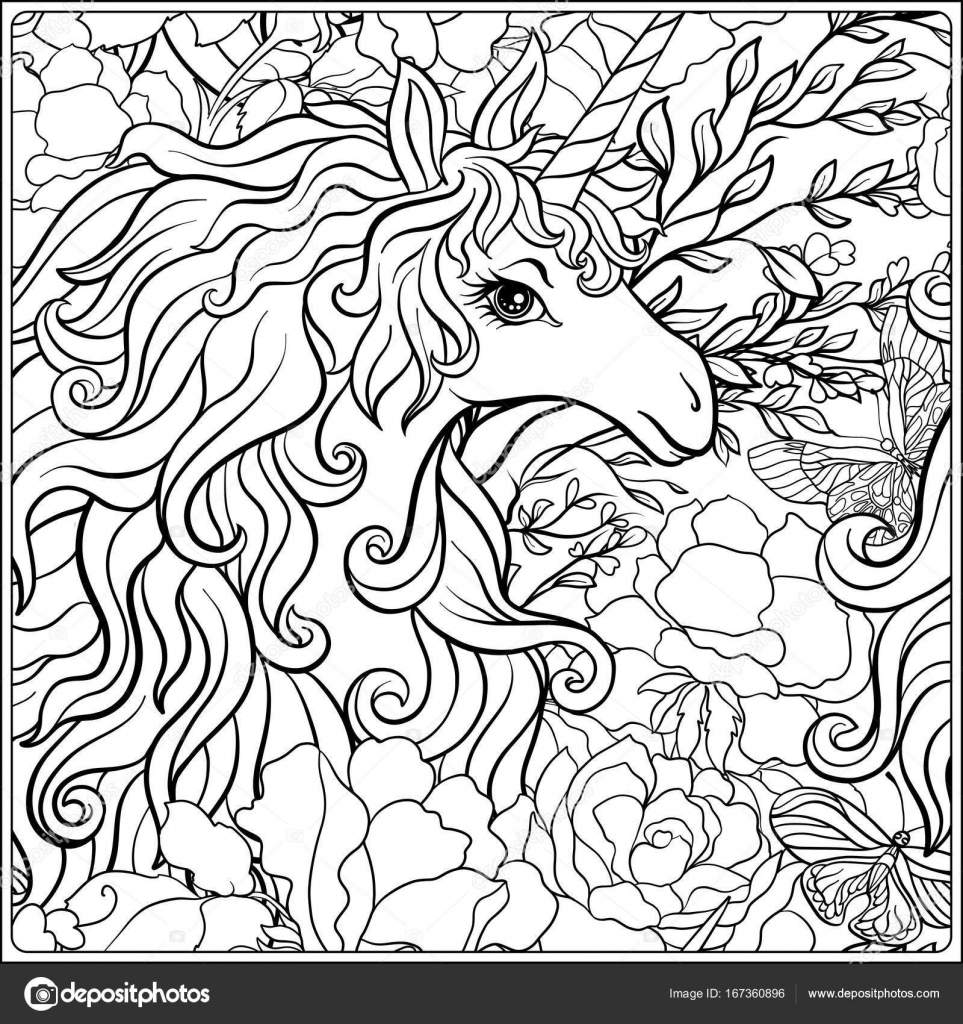 La posizione consiste di un unicorno circondato da un mazzo di Rose Delineare il disegno da colorare per adulti da colorare a mano
