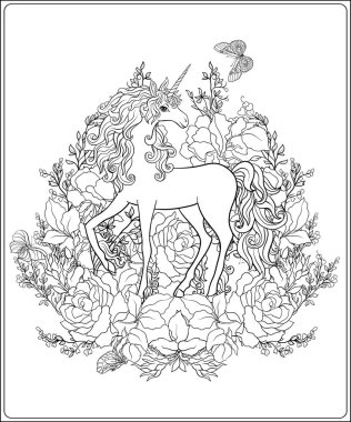 Tek boynuzlu at. Kompozisyon b tarafından çevrili bir tek boynuzlu at oluşur