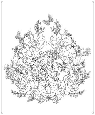 Tek boynuzlu at. Kompozisyon b tarafından çevrili bir tek boynuzlu at oluşur