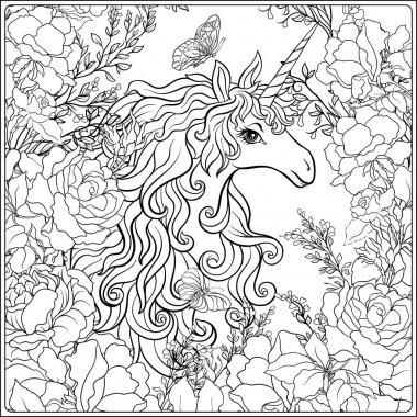 Tek boynuzlu at. Kompozisyon b tarafından çevrili bir tek boynuzlu at oluşur