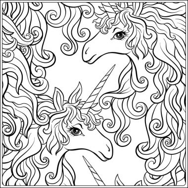 Tek boynuzlu at. Bir buket gül tarafından çevrili bir tek boynuzlu at, kompozisyon oluşur.