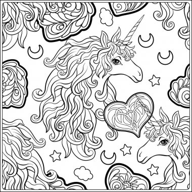 Tek boynuzlu at. Bir buket gül tarafından çevrili bir tek boynuzlu at, kompozisyon oluşur.