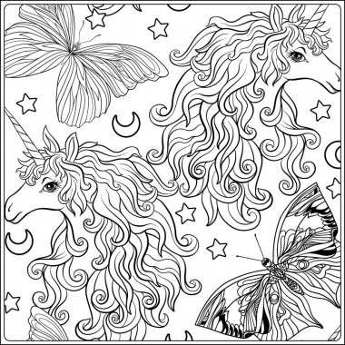 Tek boynuzlu at. Bir buket gül tarafından çevrili bir tek boynuzlu at, kompozisyon oluşur.