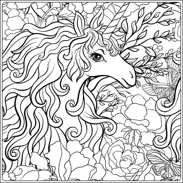 Unicorno. La composizione è composta da un unicorno circondato da un mazzo di rose . — Vettoriale Stock
