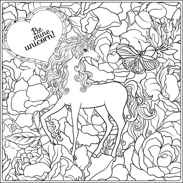 Unicornio. La composición consiste en un unicornio rodeado de un ramo de rosas . — Archivo Imágenes Vectoriales