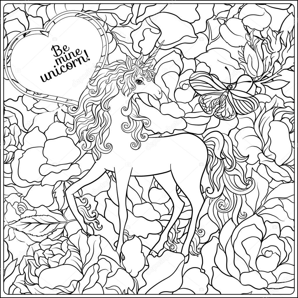 Unicorn. The composition consists of a unicorn surrounded by a bouquet of roses.