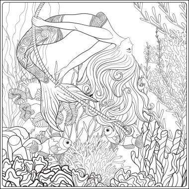 Sualtı dünyasını ipin üzerinde sallanan el çizilmiş denizkızı. Keten c