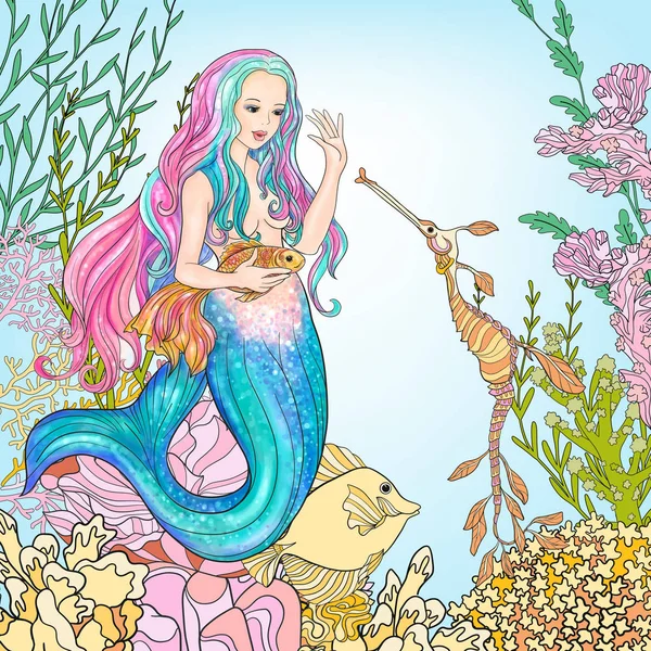 Sirène dessinée à la main avec des poissons d'or dans le monde sous-marin. Linge de maison — Image vectorielle