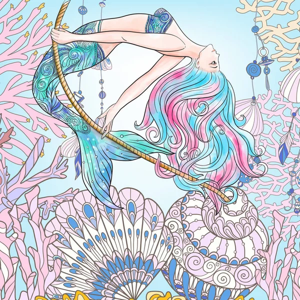Hand drawn mermaid swinging on rope in underwater world. Linen c — Stock Vector