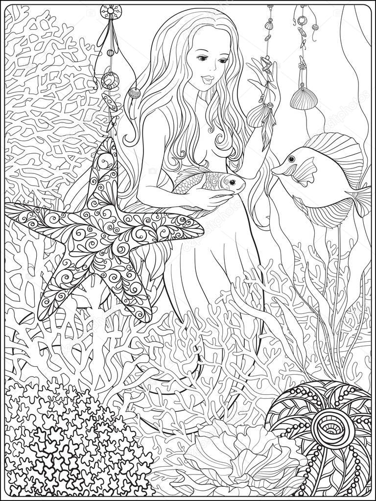 Hand drawn mermaid with gold fish in underwater world. Linen col