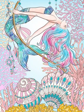 Sualtı dünyasını ipin üzerinde sallanan el çizilmiş denizkızı. Keten c