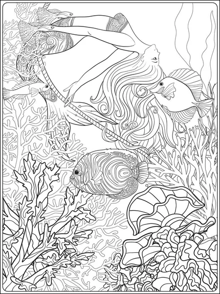 手描画マーメイドの水中世界でロープを振るします。リネン c — ストックベクタ