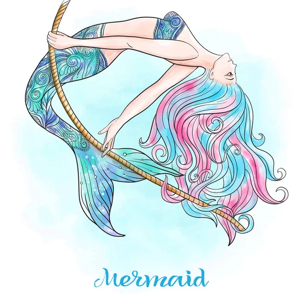 Hand drawn mermaid swinging on a rope, on watercolor background, — Stock Vector