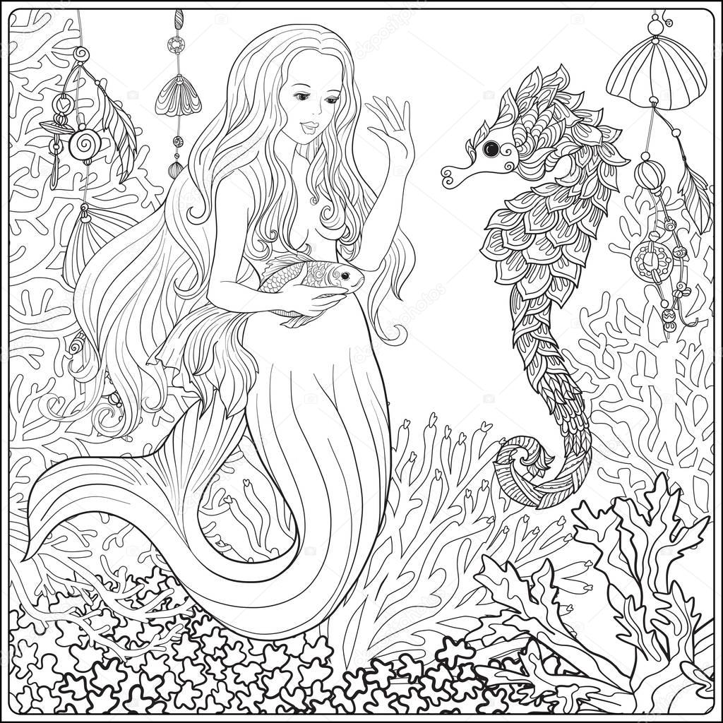 Hand drawn mermaid with gold fish in underwater world. Linen col
