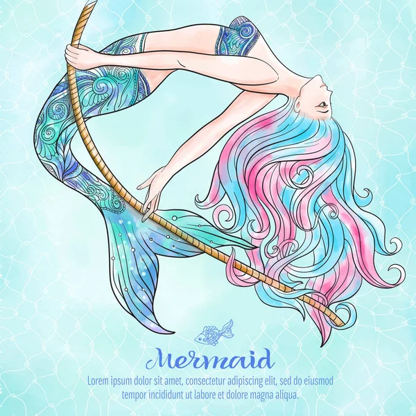 Sirena disegnata a mano che oscilla su una corda, su sfondo acquerello , — Vettoriale Stock