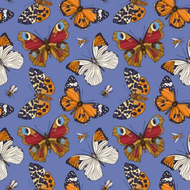 Renkli seamless modeli, kelebekler ile arka plan. Vektör çizim.