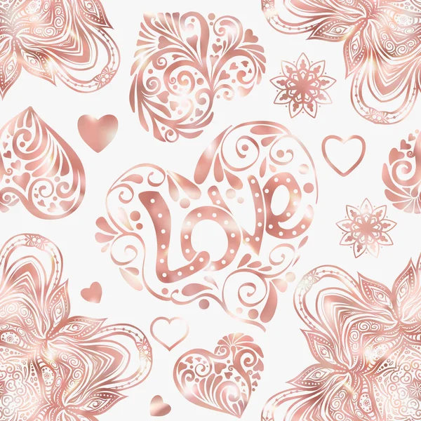 Αγάπη καρδιά απρόσκοπτη μοτίβο σε ροζ χρυσό χρώματα. — Διανυσματικό Αρχείο
