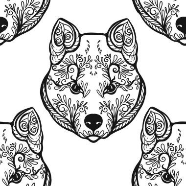 Dog Head'a, siyah-beyaz grafik çizim ile Seamless Modeli.