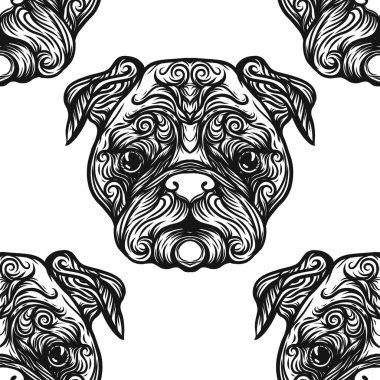 Dog Head'a, siyah-beyaz grafik çizim ile Seamless Modeli.