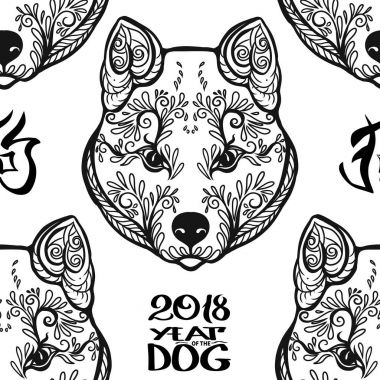 Dog Head'a, siyah-beyaz grafik çizim ile Seamless Modeli.