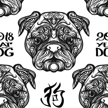 Dog Head'a, siyah-beyaz grafik çizim ile Seamless Modeli.