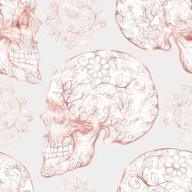 Dikişsiz desen, arka plan gül altın renkli insan kafatası ile.
