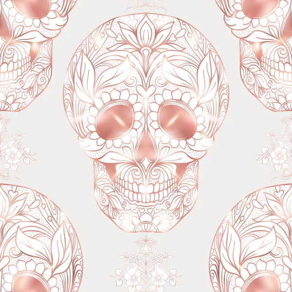 Patrón sin costuras, fondo con cráneo humano en colores oro rosa . — Vector de stock