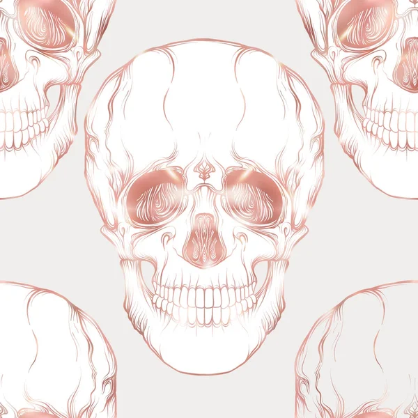 Patrón sin costuras, fondo con cráneo humano en colores oro rosa . — Archivo Imágenes Vectoriales