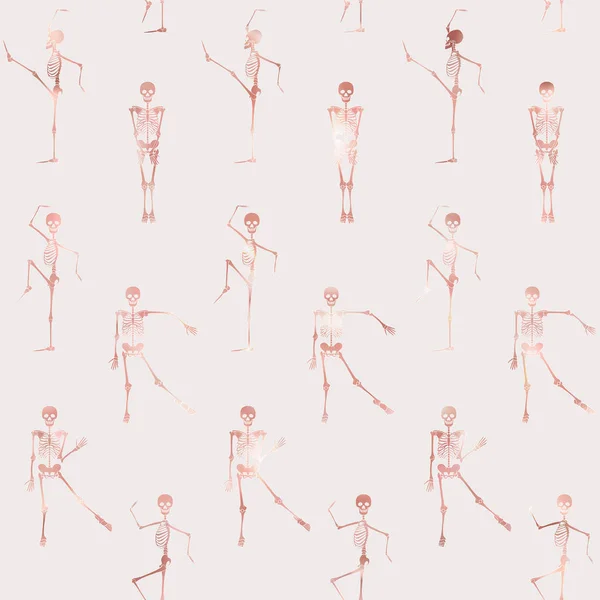 Seamless pattern, background with dancing skeletons in rose gold color. Vector illustration. — Stock Vector